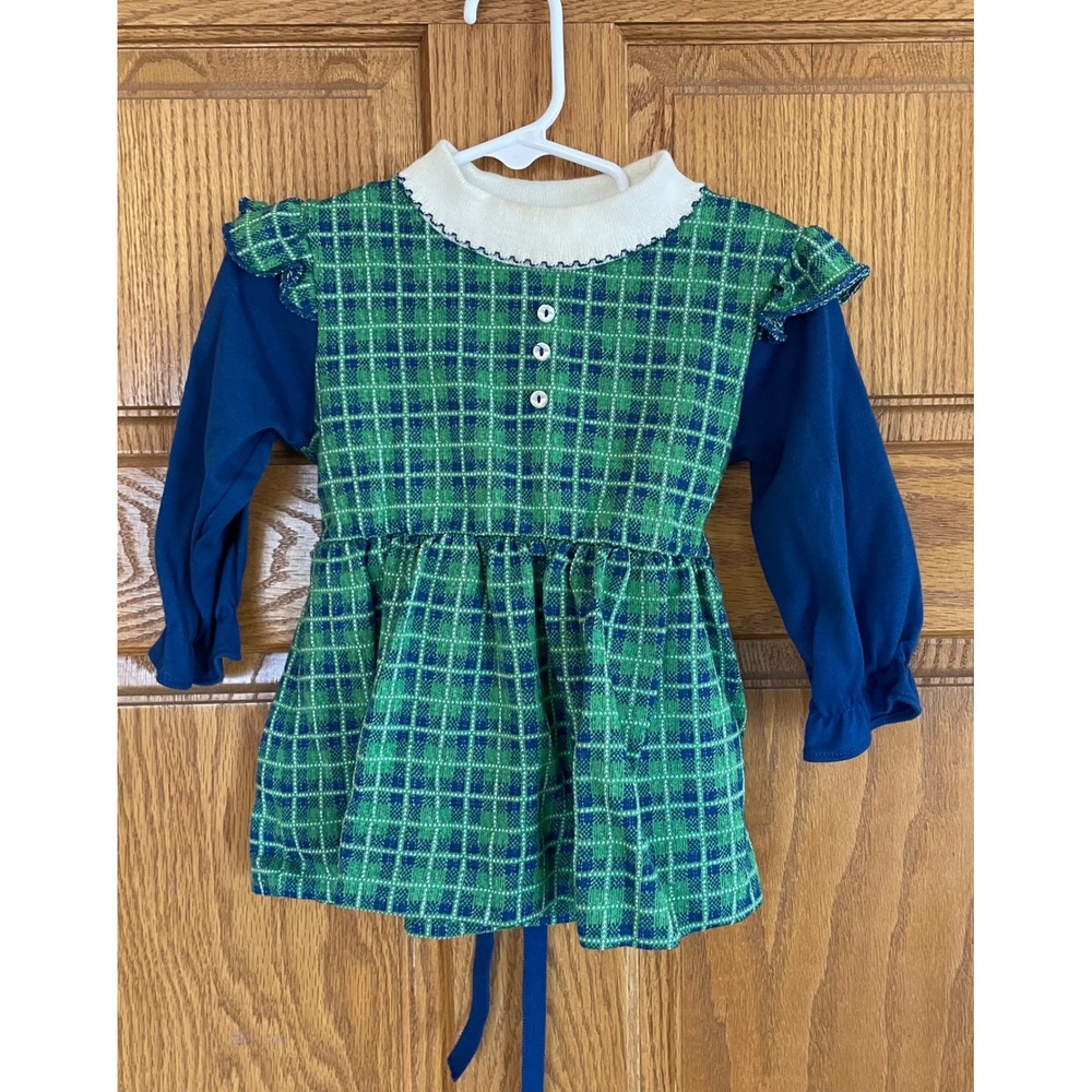 Vintage Health-tex‎ 2T Girls Green Blue Plaid Knit Long Sleeve Dress Made in USA